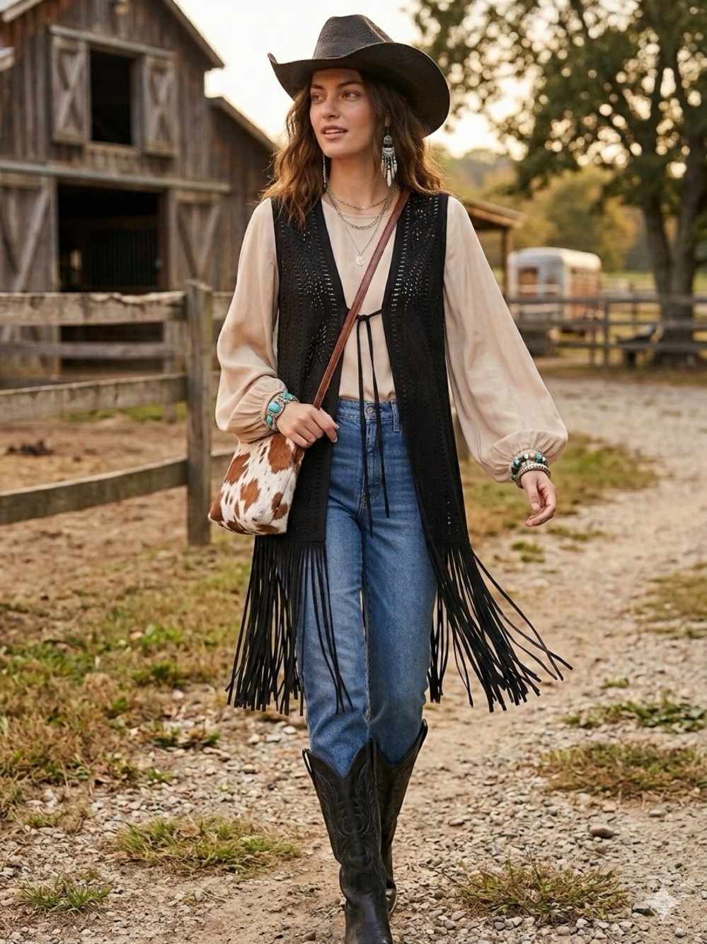 Carapace Woman’s Black Laser Cut Faux Suede Long Fringe Vest S/P #westerngothic